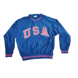 VTG Men Large Pro Spirit USA Embroidered Patch Pullover VNeck Windbreaker Jacket